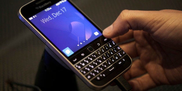 The BlackBerry Ltd. Classic smartphone is displayed during an event in New York, U.S., on Wednesday, Dec. 17, 2014. BlackBerr