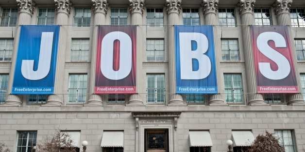 A banner reading 'Jobs' hangs on thre facade of the US Chamber of Commerce in Washington,DC on February 22, 2011. New claims for US unemployment insurance rose for the first time in three weeks but continued to hover near a two-year low, official data released on February 17 showed. The Labor Department said a seasonally adjusted 410,000 initial jobless claims were filed in the week ending February 12, up 6.5 percent from the prior week when claims had fallen to their lowest level since July 2008. AFP PHOTO/Nicholas KAMM (Photo credit should read NICHOLAS KAMM/AFP/Getty Images)