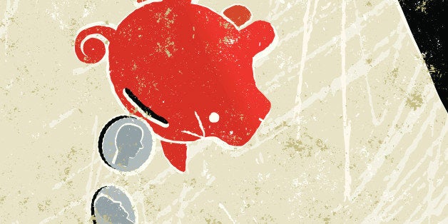 'A stylized vector cartoon of a woman's hand emptying a piggy bank, reminiscent of an old screen print poster and suggesting