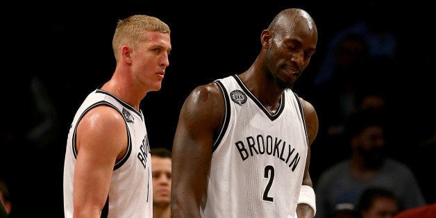 NEW YORK, NY - JANUARY 12: Kevin Garnett #2 of the Brooklyn Nets reacts as he is ejected from the game in the first quarter