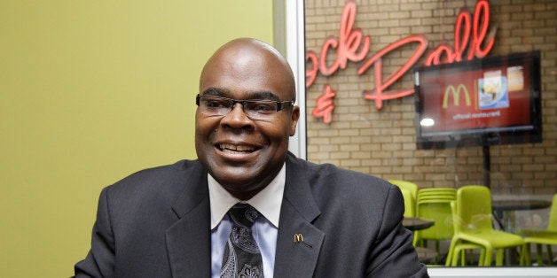 FILE - In this June 10, 2010 file photo, McDonald's President Don Thompson, gestures during an interview with The Associated Press at the presentation of the World Cup player escorts sponsorship program, at the Rock'n Roll McDonald's in Sandton, Johannesburg, South Africa. McDonald's on Wednesday, March 21, 2012 said CEO Jim Skinner will retire later this year. Thompson, 48, will take over the helm of the world's biggest hamburger chain on July 1. (AP Photo/Yves Logghe, File)