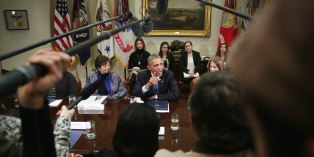 WASHINGTON, DC - FEBRUARY 03: U.S. President Barack Obama (C) speaks as Secretary of Health and Human Services Sylvia Burwel