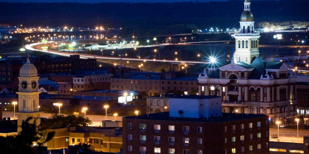 This is a long exposure image of downtown taken from the top of the Fourth Street Elevator. f/16.