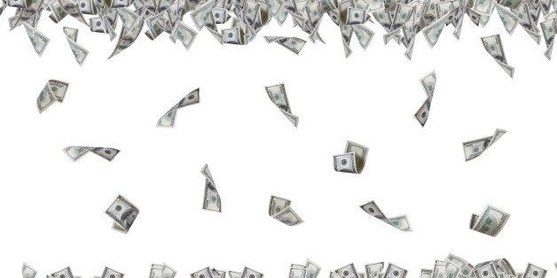 Group of one hundred dollar banknotes flying and falling down, isolated on white background.