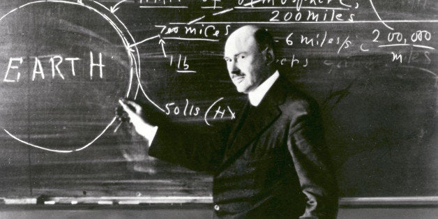 Dr. Robert H. Goddard at a blackboard at Clark University in Worcester, Massachusetts, in 1924. Goddard began teaching physics in 1914 at Clark and in 1923 was named the Director of the Physical Laboratory. In 1920 the Smithsonian Institution published his