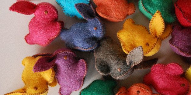 This undated publicity photo provided by Textile Platypus shows Canadian textile artist Cristina Larsen crafts winsome stuffed felted bunnies and chicks in a rainbow of hues. She uses merino wool to make all the felt, dyes the colors and stitches every toy by hand. While Larsen calls them "toys," theyâd be equally at home as artsy Easter dÃ©cor (www.etsy.com/shop/textileplatypus). (AP Photo/Textile Platypus, Cristina Larsen)