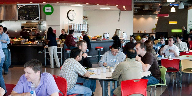 KIRKLAND, WA - OCTOBER 28: Google employees and contractors fill the cafeteria at Google Kirkland October 28, 2009 in Kirkland, Washington. More than 350 employees work in the Kirkland facility, which includes amenities such as a climbing wall, gym and soda fountain, and consolidates several offices throughout Kirkland. (Photo by Stephen Brashear/Getty Images)