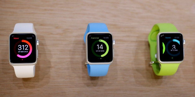 The Apple Watch is displayed on Tuesday, Sept. 9, 2014, in Cupertino, Calif. (AP Photo/Marcio Jose Sanchez)