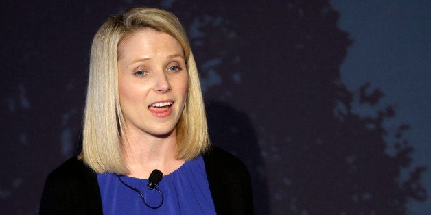 Yahoo CEO Marissa Mayer speaks during a news conference Monday, May 20, 2013, in New York. Yahoo edged up 31 cents, or 1.2 percent, to $26.83 after the Internet company said it was buying online blogging forum Tumblr for $1.1 billion. (AP Photo/Frank Franklin II)