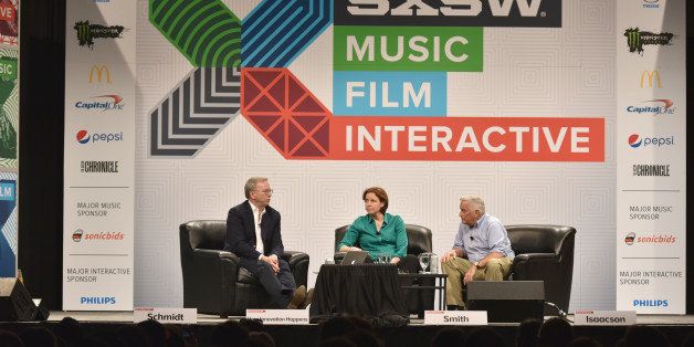 AUSTIN, TX - MARCH 16: (L-R) Eric Schmidt, Executive Chairman of Google, Megan Smith, United States CTO in the Office of Science and Technology Policy and Walter Isaacson, President & CEO of The Aspen Institute speak onstage at 'How Innovation Happens' during the 2015 SXSW Music, Film + Interactive Festival at Austin Convention Center on March 16, 2015 in Austin, Texas. (Photo by Amy E. Price/Getty Images for SXSW)