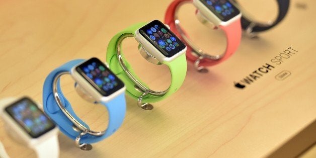 New Apple Watches are seen on display in an Apple store in Sydney on April 10, 2015. Apple started taking orders from custome