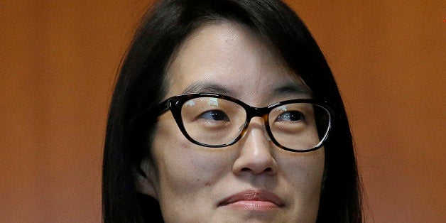 Ellen Pao speaks to members of the media at Civic Center Courthouse in San Francisco, Friday, March 27, 2015. A jury decided Friday that a prestigious venture capital firm did not discriminate or retaliate against Pao in a case that shined a light on gender imbalance and working conditions for women in Silicon Valley. (AP Photo/Jeff Chiu)