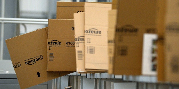 Empty boxes are stacked in the packaging department at the Fulfilment Centre for online retail giant Amazon in Peterborough,