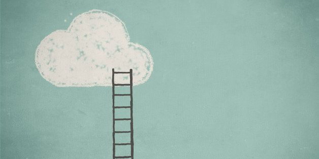 Simple drawing of a cloud and a ladder against a turquoise sky.