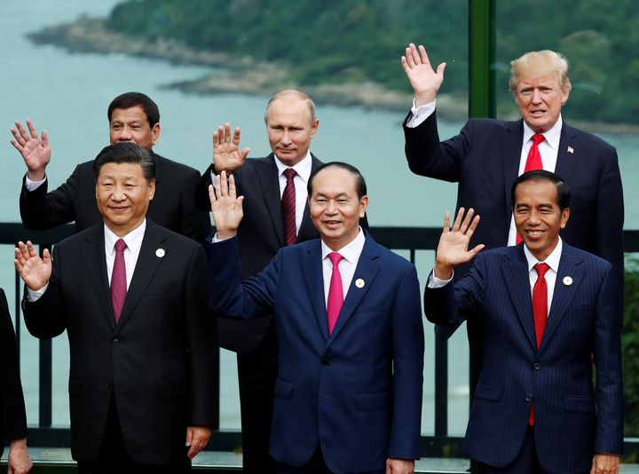 President Donald Trump inspires less confidence among the global public than Russian President Vladimir Putin (back row, center) and Chinese President Xi Jinping (front row, left). 