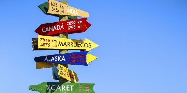 Funny direction signpost with distance to many different countries on Mexican coastline