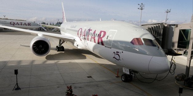 The 25th Boeing 787 airplane purchased by Qatar Airways is shown Wednesday, Nov. 4, 2015, during a delivery ceremony in Evere