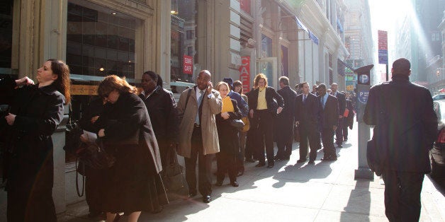 UNITED STATES - APRIL 02: Job seekers line up outside of the Metropolitan Pavilion for a Careerbuilder.com career fair in Ne