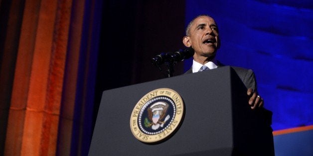 WASHINGTON, DC - MARCH 28: (AFP OUT) U.S. President Barack Obama delivers the keynote address at the awards dinner for Syracuse University's Toner Prize for Excellence in Political Reporting at the Andrew W. Mellon Auditorium March 28, 2016 in Washington, DC. The event recognizes the importance of quality, fact-based political journalism. (Photo by Olivier Douliery-Pool/Getty Images)