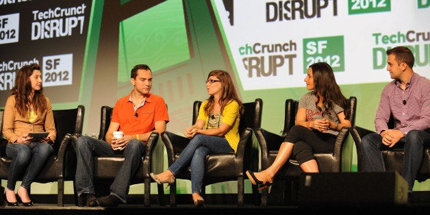 SAN FRANCISCO, CA - SEPTEMBER 10: Nate Blecharczyk (Airbnb), Leah Busque (TaskRabbit), Brit Morin (brit.co) and John Zimmer (Lyft) speaks at the Tech:Crunch Disrupt SF 2012 Conference on September 10, 2012 in San Francisco, California. (Photo by C Flanigan/Getty Images)