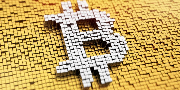 Pixelated Bitcoin symbol made from cubes, mosaic pattern