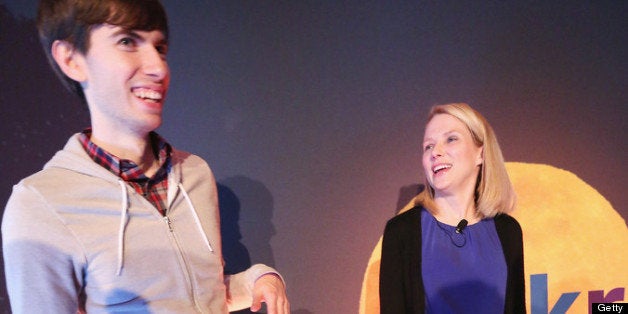 NEW YORK, NY - MAY 20: Tumblr founder David Karp (L) laughs after a news conference with Yahoo! CEO Marissa Mayer (R) following Yahoo!'s acquisition of Tumblr in Times Square on May 20, 2013 in New York City. The internet giant Yahoo! purchased the blogging site Tumblr for $1.1 billion. (Photo by Mario Tama/Getty Images)