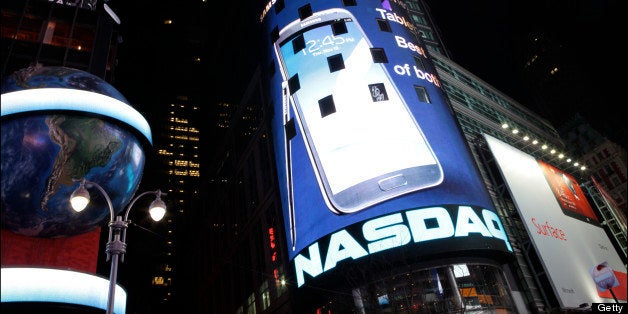 Nighttime view of the NASDAQ MarketSite (at 4 Times Square), New York, New York, January 9, 2013. (Photo by Oliver Morris/Get