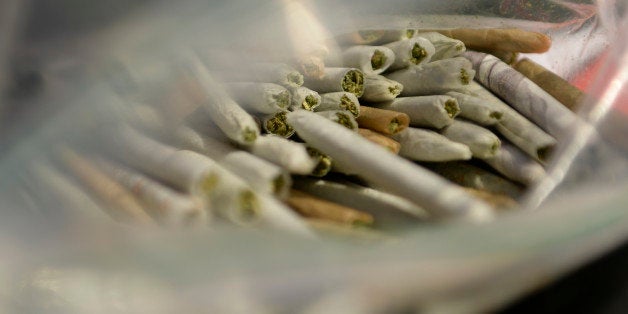 DENVER, CO-September, 2013: A bag of free marijuana joints were handed out during a rally at Denver Civic Center Park, Septem
