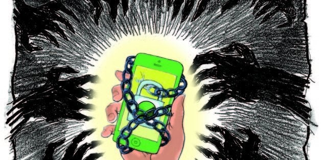 USA - 2013 300 dpi Chuck Todd illustration of smartphone wrapped in chains; can be used with stories about how to protect a s