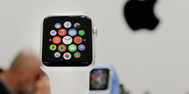 The Apple Watch is displayed after a product announcement at Flint Center in Cupertino, California, U.S., on Tuesday, Sept. 9, 2014. Apple Inc. unveiled redesigned iPhones with bigger screens, overhauling its top-selling product in an event that gives the clearest sign yet of the company's product direction under Chief Executive Officer Tim Cook. Photographer: David Paul Morris/Bloomberg via Getty Images