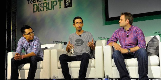 SAN FRANCISCO, CA - SEPTEMBER 10: (L-R) DoorDash Co-Founder and CEO Tony Xu, Good Eggs Founder and CEO Rob Spiro and Blue Apron Founder and CEO Matt Salzberg speak onstage at TechCrunch Disrupt at Pier 48 on September 10, 2014 in San Francisco, California. (Photo by Steve Jennings/Getty Images for TechCrunch)