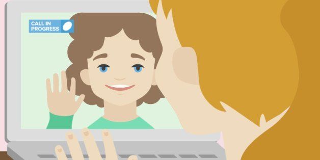 Flat illustration of two happy cute smiling girlfriends calling each other via video chat on a laptop. Flat design style modern vector concept. Isolated on stylish background