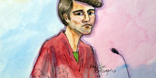 FILE- In this Oct. 4, 2013 file photo, an artist rendering showing Ross William Ulbricht during an appearance at Federal Court in San Francisco is shown. Authorities say that Ulbricht had spent most of three years "evading law enforcement, living a double life" while operating an underground website known as Silk Road, a black-market bazaar for cocaine, heroin and other drugs, while portraying himself as an Internet trailblazer. On Thursday, Nov. 21, 2013, a federal judge ordered Ulbricht held without bail during a court appearence in New York.. (AP Photo/Vicki Behringer, File)