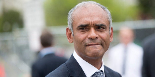 Chet Kanojia, chief executive officer of Aereo Inc., leaves the U.S. Supreme Court following oral arguments by Aereo Inc. and