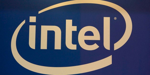 Intel logo hangs on display at the National Retail Federation's Annual Convention & EXPO at the Javits Center in New York, U.