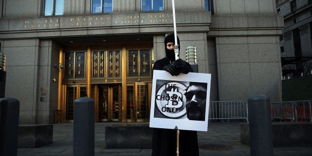 NEW YORK, NY - JANUARY 13: Max Dickstein stands with other supporters of Ross Ulbricht, the alleged creator and operator of the Silk Road underground market, in front of a Manhattan federal court house on the first day of jury selection for his trial on January 13, 2015 in New York City. Ulbricht, who has pleaded not guilty, is accused by the US government of making millions of dollars from the Silk Road website which sold drugs and other illegal commodities anonymously. (Photo by Spencer Platt/Getty Images)