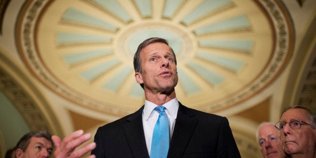 UNITED STATES - FEBRUARY 25: Sen. John Thune, R-S.D., talks with the media after the senate luncheons in the Capitol. Sens. Roy Blunt, R-Mo., left, Senate Minority Leader Mitch McConnell, R-Ky., far right, and John Cornyn, R-Texas., also appear. (Photo By Tom Williams/CQ Roll Call)