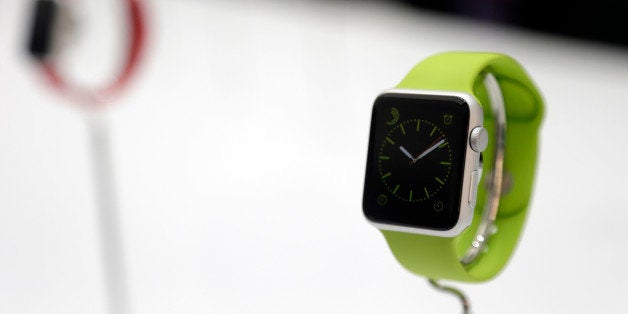 The Apple Watch is displayed on Tuesday, Sept. 9, 2014, in Cupertino, Calif. (AP Photo/Marcio Jose Sanchez)