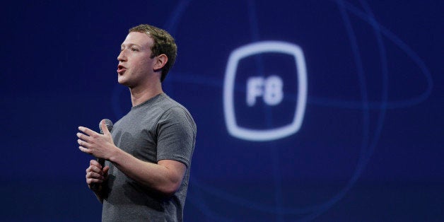 CEO Mark Zuckerberg gestures while delivering the keynote address at the Facebook F8 Developer Conference Wednesday, March 25