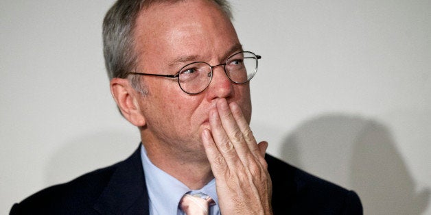 Google Executive Chairman Eric Schmidt gestures during a meeting about the "right to be forgotten" in Madrid, Sept. 9, 2014. Google Chairman Eric Schmidt and privacy and freedom of information experts are holding the first of seven public sessions to help the company define a new "Right to be Forgotten" established by the European Union's top court and when it should take down search result links about citizens claiming information about them is irrelevant or obsolete.(AP Photo/Daniel Ochoa de Olza)