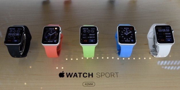 New Apple Watches on display at the Apple Grand Central Station store on April 24, 2015 in New York. The Apple Watch debuted in selected global markets Friday with sales limited to clients who had pre-ordered online, making the launch a relatively low-key affair compared to tech titan's usual fanfare. AFP PHOTO/DON EMMERT (Photo credit should read DON EMMERT/AFP/Getty Images)