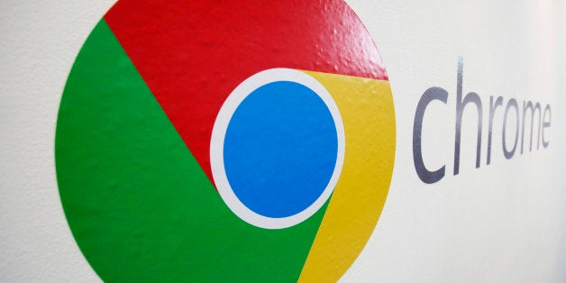 FILE - In this , Tuesday, Oct. 8, 2013, file photo, the Chrome logo is displayed at a Google event in New York. Google reports quarterly earnings on Thursday, Oct. 17, 2013. (AP Photo/Mark Lennihan, File)