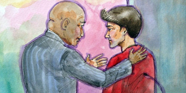 This artist rendering shows Ross William Ulbricht, right, appearing in Federal Court with his public defender Brandon LeBlanc, left, in San Francisco on Friday, Oct. 4, 2013. U.S. Magistrate Judge Joseph Spero postponed the bail hearing for Ulbricht who is being charged as the mastermind of Silk Road, an encrypted website where users could shop for drugs like heroin and LSD anonymously. (AP Photo/Vicki Behringer)