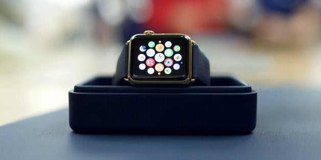 The Apple Watch Edition is on display for the release of the Apple Watch at the Eaton Centre Apple Store on Friday, April 10, 2015 in Toronto. (Photo by Ryan Emberley/Invision for Apple/AP Images)