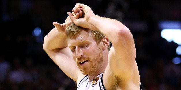 SAN ANTONIO, TX - JUNE 15: Matt Bonner #15 of the San Antonio Spurs reacts against the Miami Heat during Game Five of the 2014 NBA Finals at the AT&T Center on June 15, 2014 in San Antonio, Texas. NOTE TO USER: User expressly acknowledges and agrees that, by downloading and or using this photograph, User is consenting to the terms and conditions of the Getty Images License Agreement. (Photo by Andy Lyons/Getty Images) 