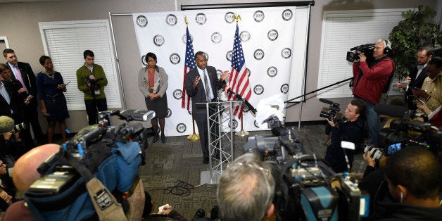 LAKEWOOD, CO - OCTOBER 29: Retired neurosurgeon Ben Carson talks to media before a rally at Colorado Christian University in