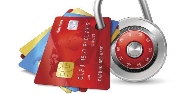 Set of secure credit cards with chips protected by encryption padlock isolated vector illustration