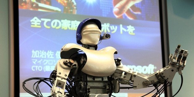 TOKYO - SEPTEMBER 07: A TMSUK04 Robot, by one of Japan's leading robot developers tmsuk, leads a presentation at a press con