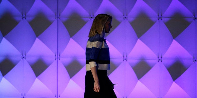 Yahoo CEO Marissa Mayer walks off the stage after delivering the keynote address Thursday, Feb. 18, 2016, at the Yahoo Mobile