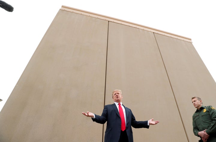 President Donald Trump speaks during a tour of U.S.-Mexico border wall prototypes near the Otay Mesa Port of Entry in San Diego, California, on March 13, 2018.